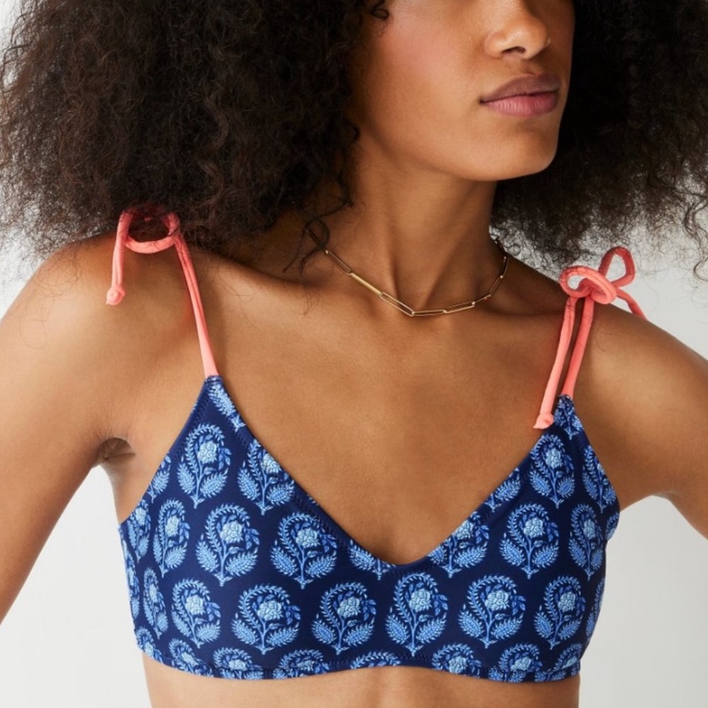 J.Crew Women’s XXL Tie-Shoulder French Bikini Top Navy‎ Bouquet Block Print NEW